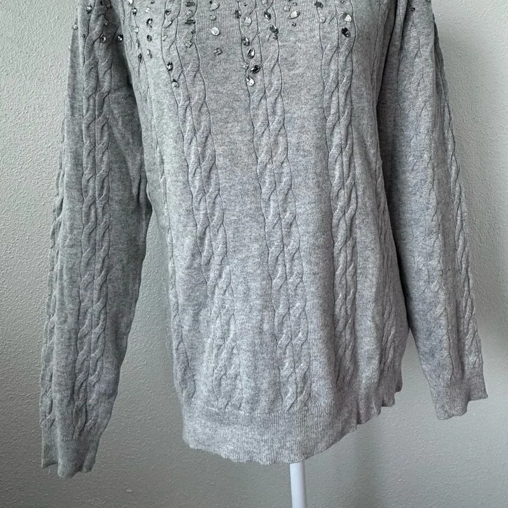 Isaac Mizrahi Live Gray Sweater Cable Knit Gemstone QVC Cardigan Size Small